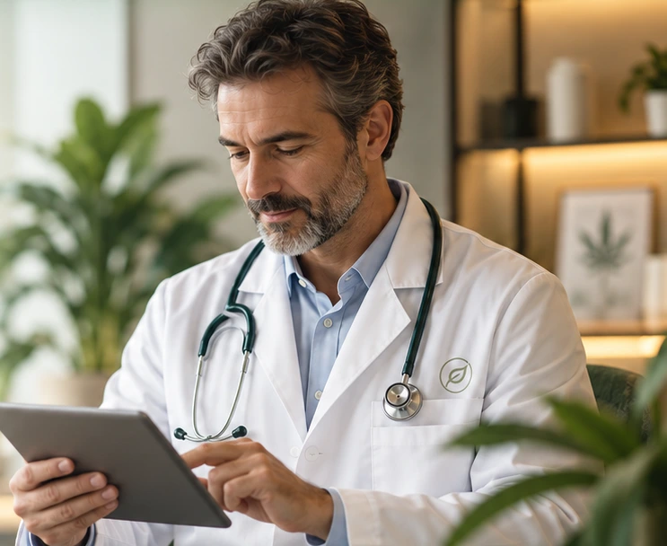Arzt prüft Angaben auf dem Tablet